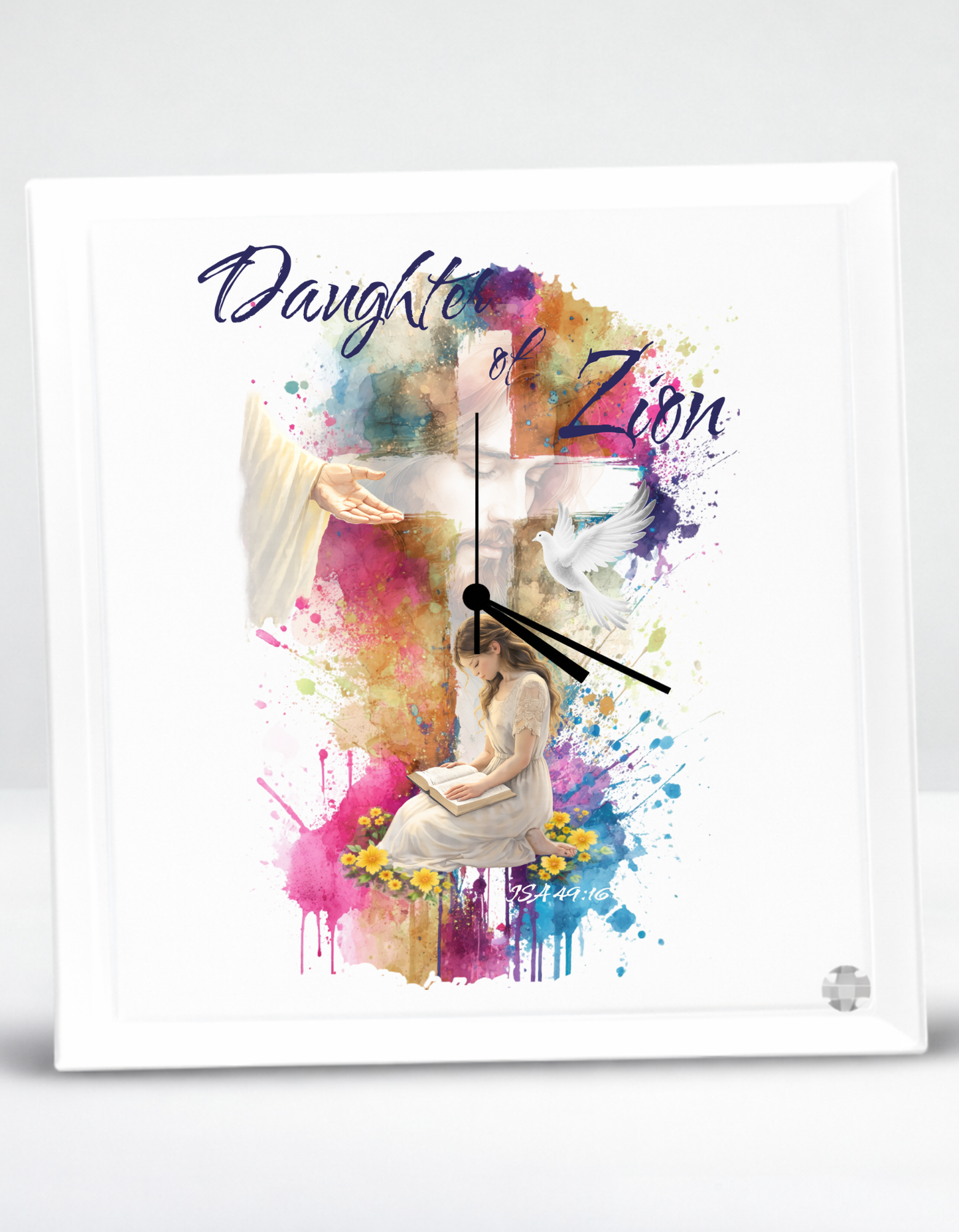 ISA 49:16 "Daughter of Zion" faith inspired Glass Clock for believing women of God.