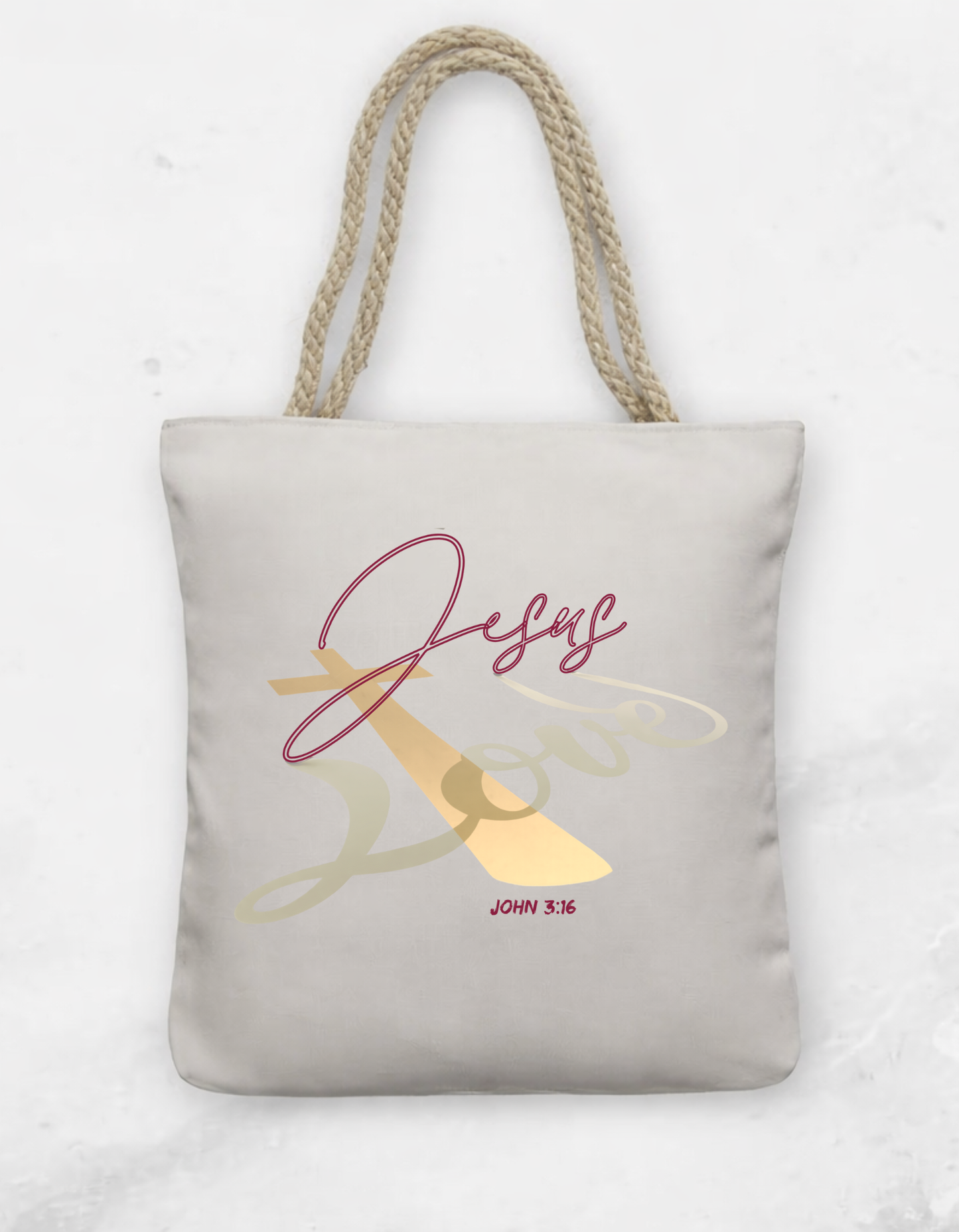 John 3:16 "Jesus Love" faith inspired Tote Bag with Rope Handle for believing women of God.