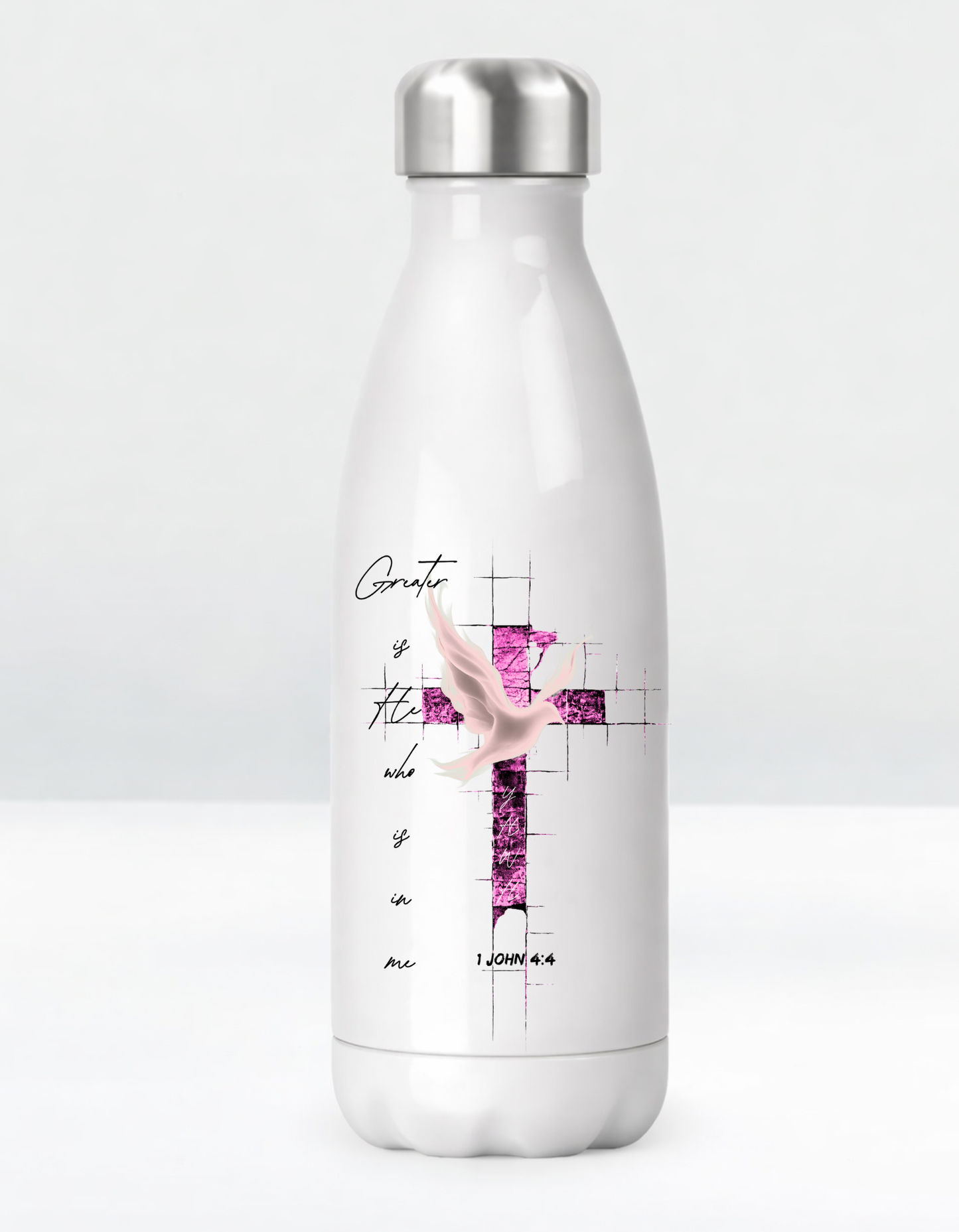 1 John 4:4 “Greater Is He” – Faith-Inspired Stainless Steel Water Bottle for the Christian woman of God