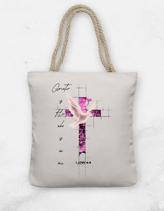 1 John 4:4 "Greater is He" faith inspired Tote Bag with Rope Handle for believing women of God.