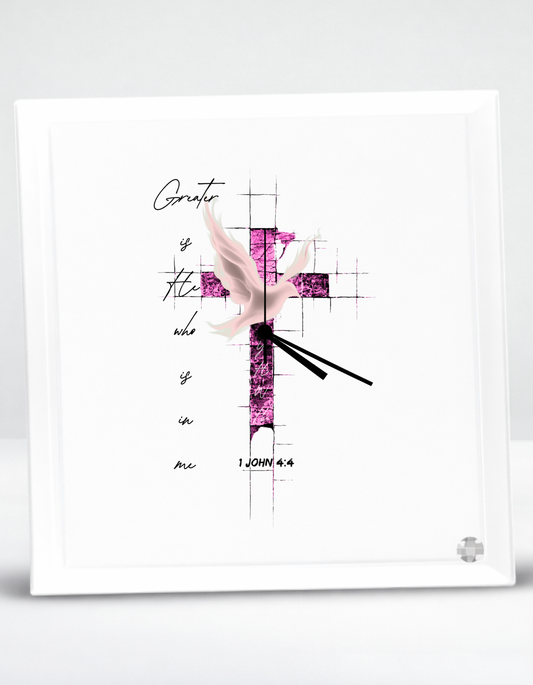 1 John 4:4 "Greater is He" faith inspired Glass Clock for believing women of God.