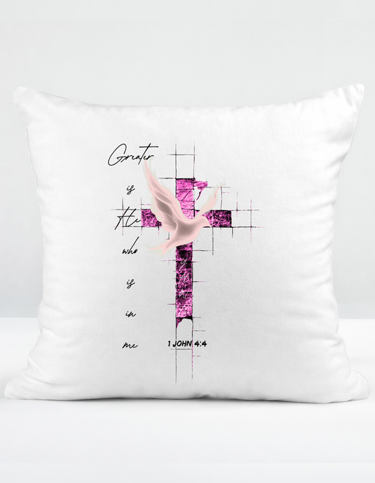 1 John 4:4 "Greater is He" faith inspired Scatter Cushion for believing women of God.