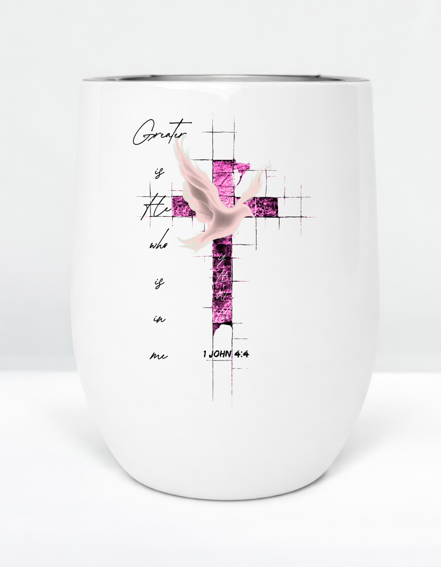 1 John 4:4 "Greater is He" faith inspired Wine Tumbler for believing women of God.