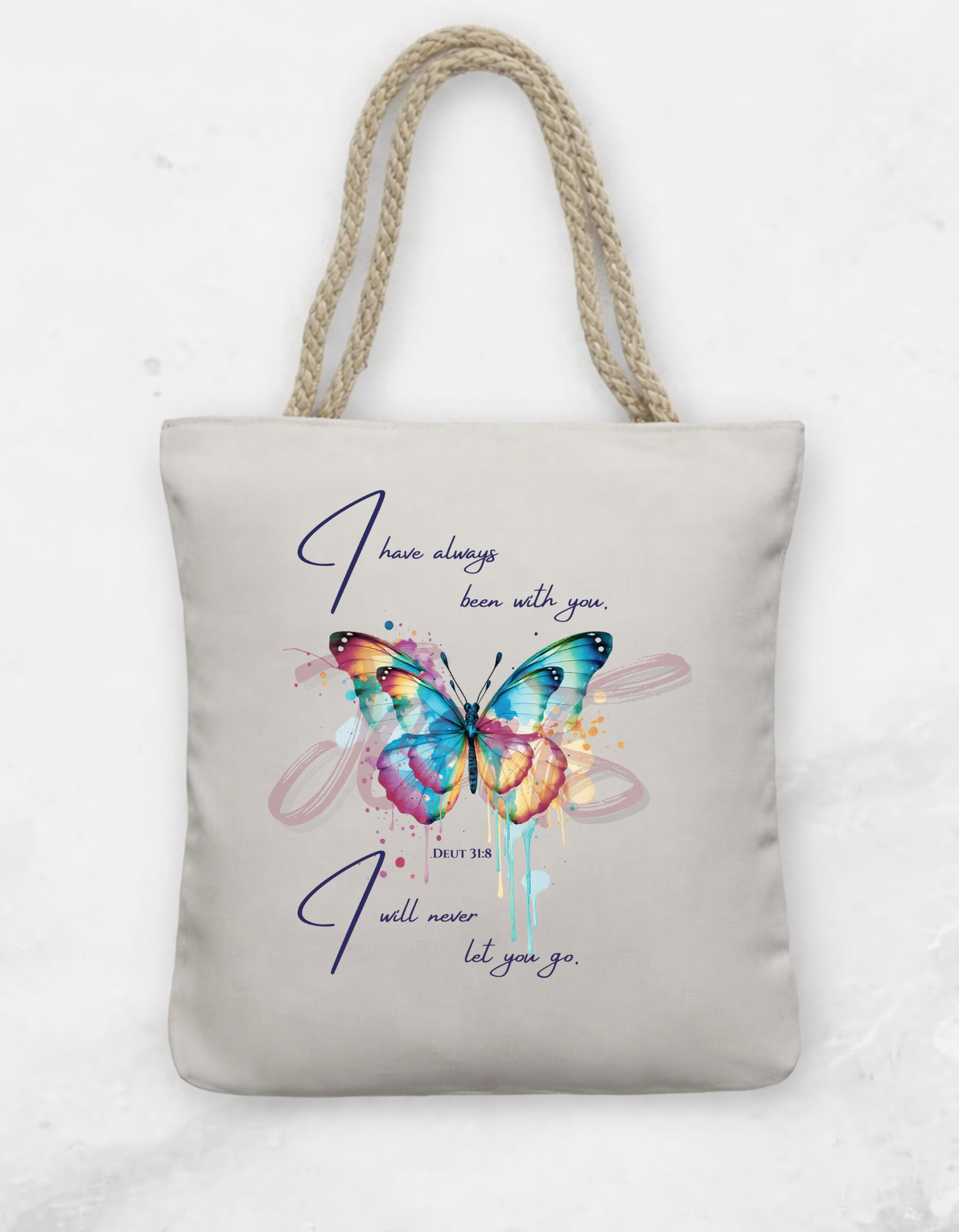DEUT 31:8 "I WILL BE WITH YOU" faith inspired Tote Bag with Rope Handle for believing women of God.