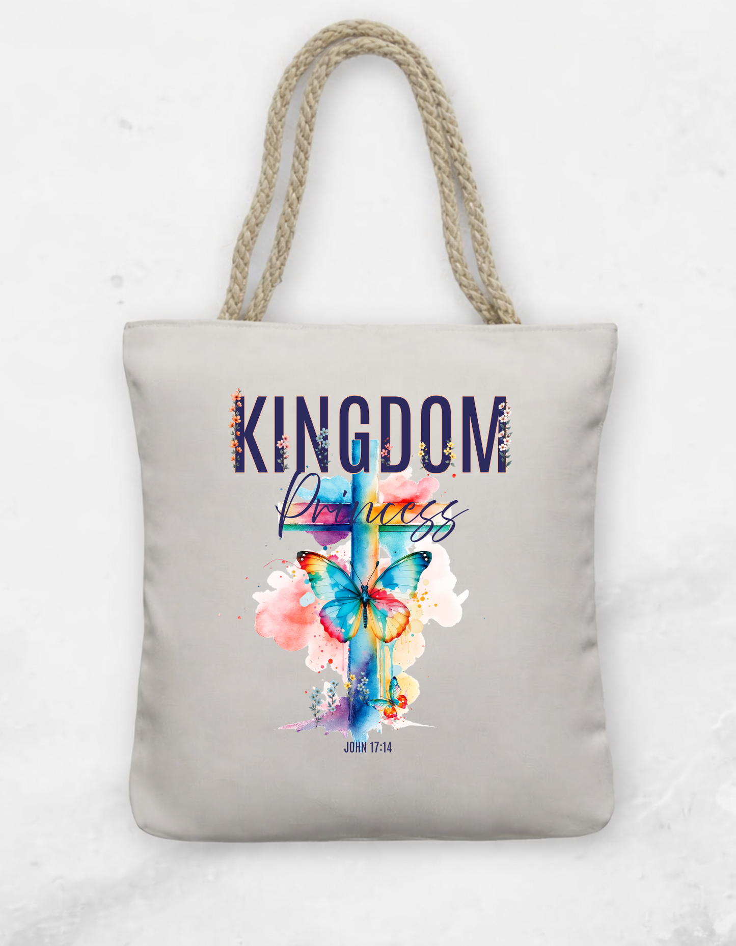 John 17:14 "Kingdom Princess" faith inspired Tote Bag with Rope Handle for believing women of God.