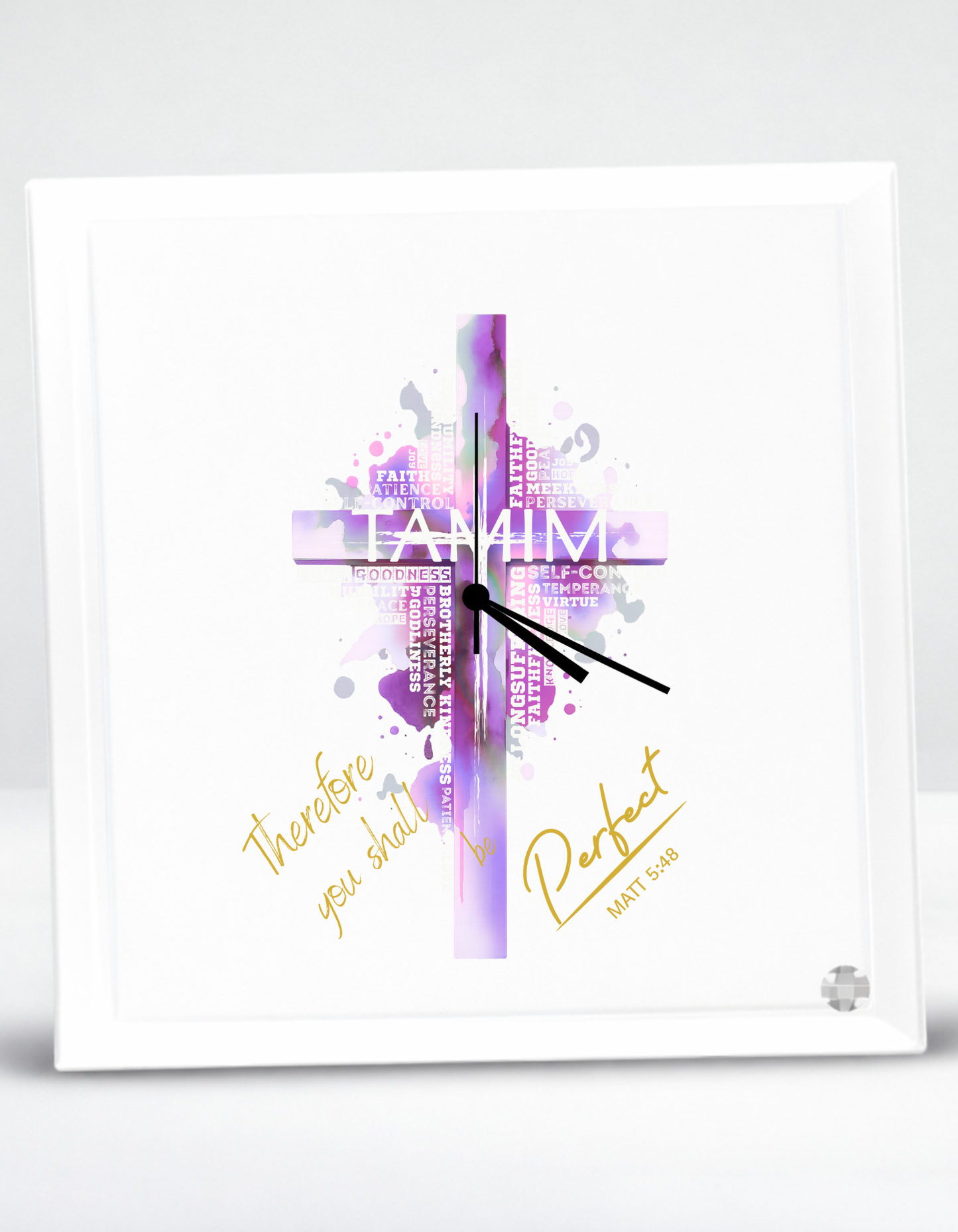 Matt 5:48 "TAMIM Be perfect" faith inspired Glass Clock for believing women of God.