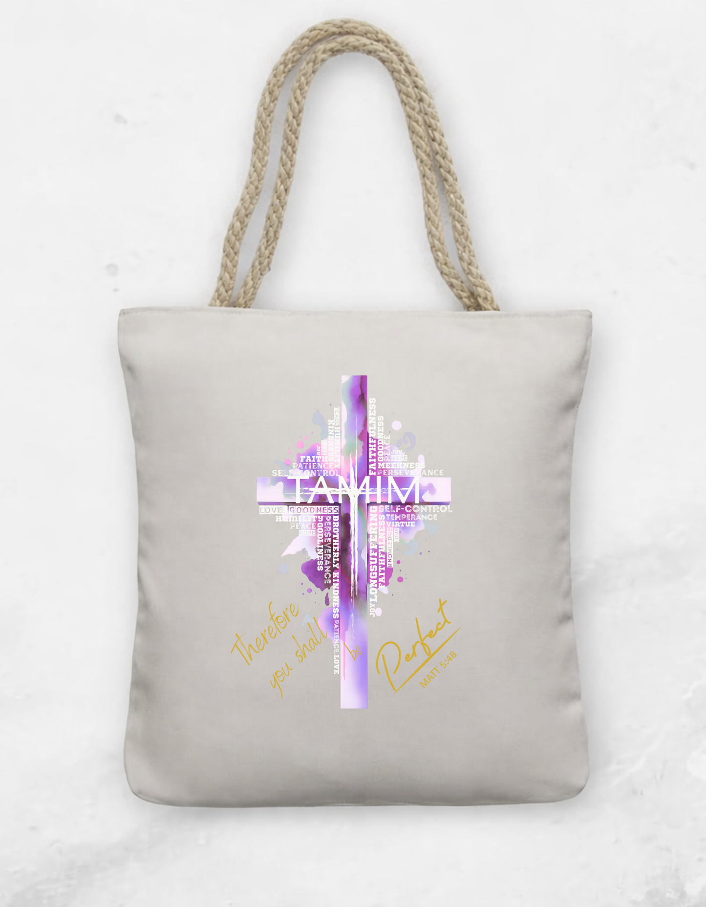 Matt 5:48 "TAMIM Be perfect" faith inspired Tote Bag with Rope Handle for believing women of God.